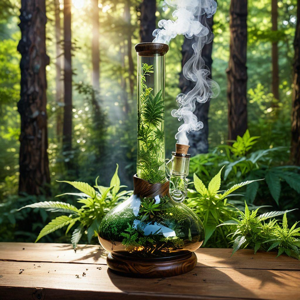 A serene, peaceful landscape depicting a lush green forest with vibrant herbs and cannabis plants in harmony. In the foreground, an intricately designed herbal bong sits on a natural wooden table, surrounded by aromatic smoke spiraling upwards. Soft sunlight filters through the trees, illuminating the healing essence of nature. Include a calming color palette with gentle greens and earthy tones. super-realistic. vibrant colors.