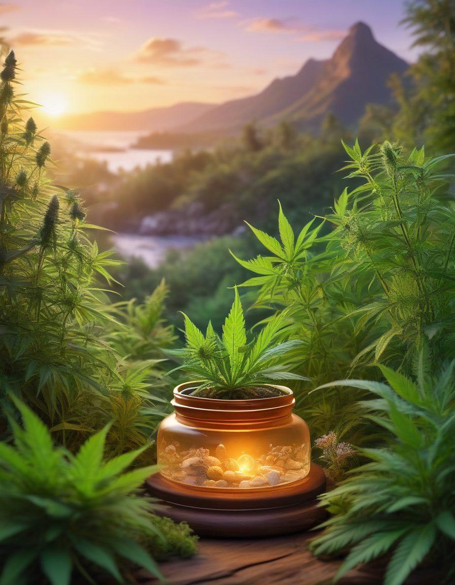 A serene, lush green landscape featuring diverse cannabis plants in their natural state, intertwined with various holistic health symbols like crystals, essential oils, and herbal remedies. In the background, a peaceful sunset casts warm light over a tranquil space, evoking a sense of wellness and healing. Include subtle depictions of cannabis paraphernalia artfully integrated into the scene, suggesting their role in holistic health. soft focus. vibrant colors. 3D.
