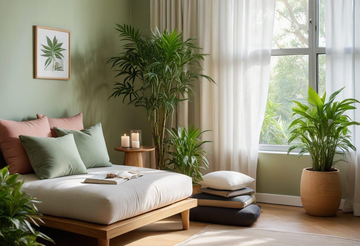 A serene, cozy room with soft natural light filtering through sheer curtains, featuring an elegant therapeutic bong resting on a wooden table surrounded by lush green plants. Incorporate calming elements like soft cushions and a small pile of books about healing and wellness. Include subtle hints of medicinal marijuana leaves artfully integrated into the design. Create a tranquil atmosphere that evokes a sense of relaxation and healing. super-realistic. soft pastels. vibrant greenery.
